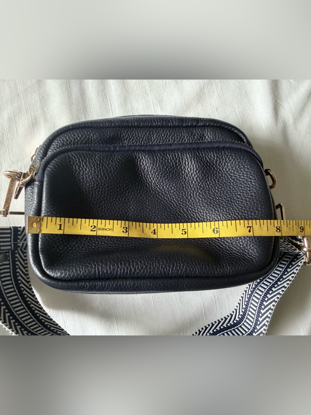 Pom Pom London Dark navy blue Crossbody Shoulder Bag with Patterned Strap - Picture 10 of 13